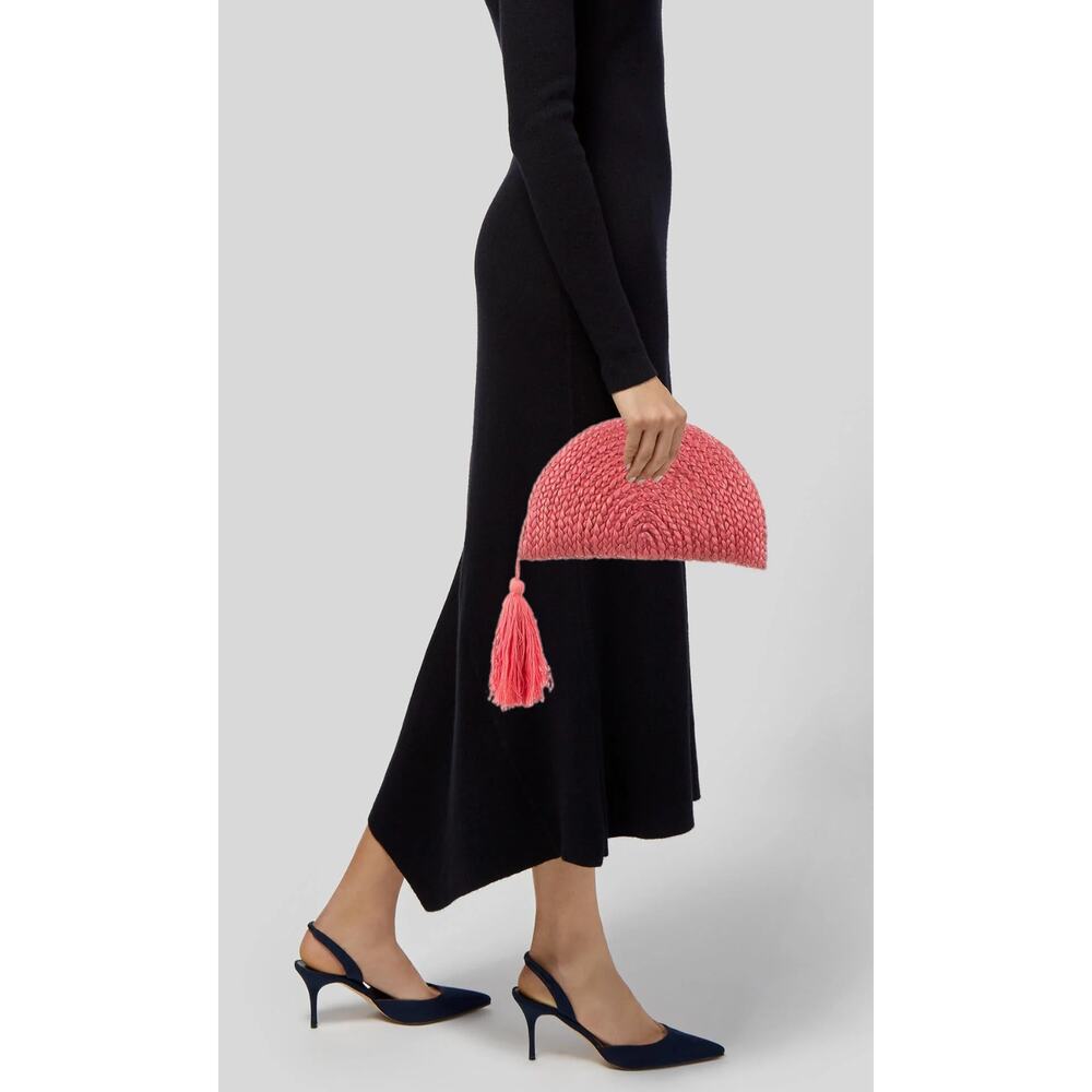 ROBERTA ROLLER RABBIT Crepe Woven Straw Clutch Half Moon in Rose Pink